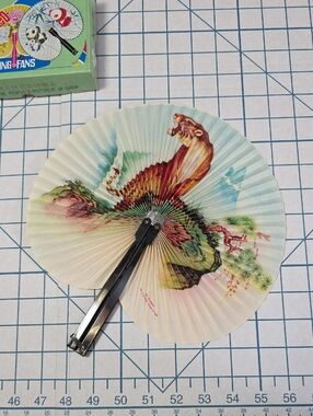 Chinese Paper Folding Hand Fan W/Metal Handle, VTG Mid-Century, #61